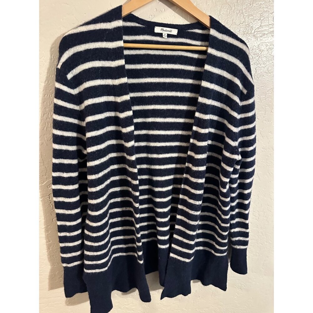 Madewell Y Cozy Blue & White "Walker" Striped Long Sleeved Alpaca Wool Cardigan - Picture 3 of 11